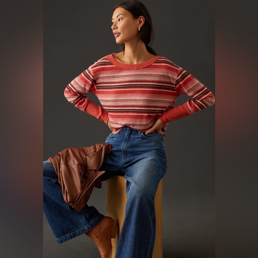 Anthropologie Pilcro Boxy Heritage Pullover Blouse Top Red Stripe Large Cotton